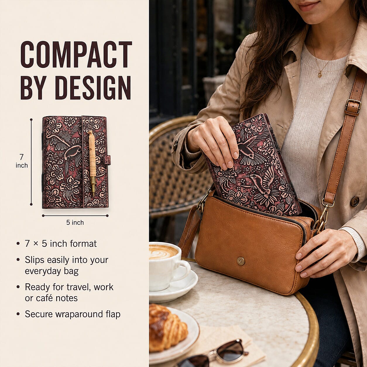 Livmore Brown Handcrafted Leather Hummingbird Embossed Journal with Kadam Wooden Pen (160 pages)