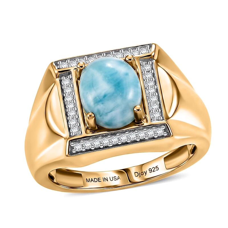 D'Joy AAA Larimar and Moissanite 3.65 ctw Men's Ring in 18K Vermeil Yellow Gold Over Sterling Silver (Size 10.0)
