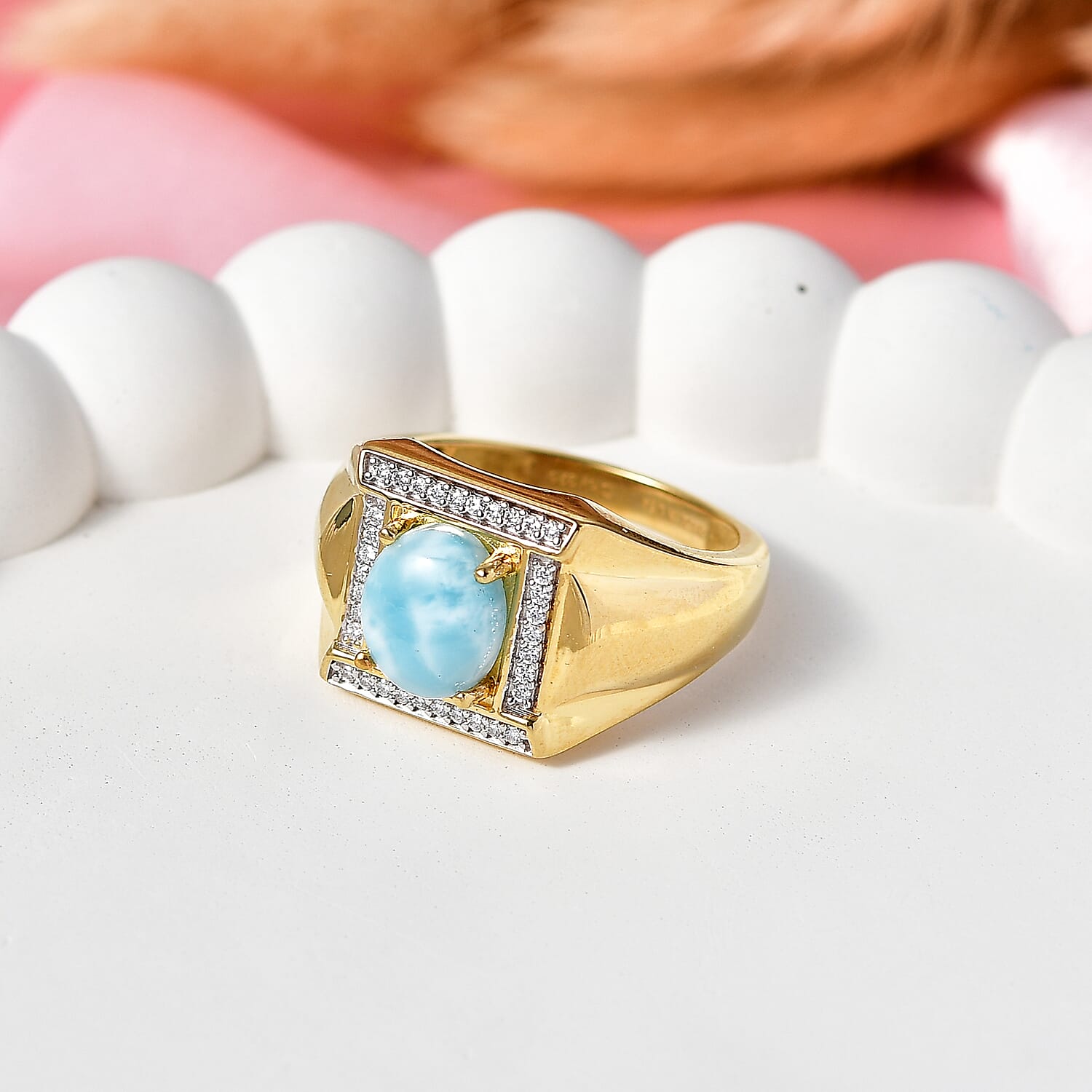D'Joy AAA Larimar and Moissanite 3.65 ctw Men's Ring in 18K Vermeil Yellow Gold Over Sterling Silver (Size 13.0)