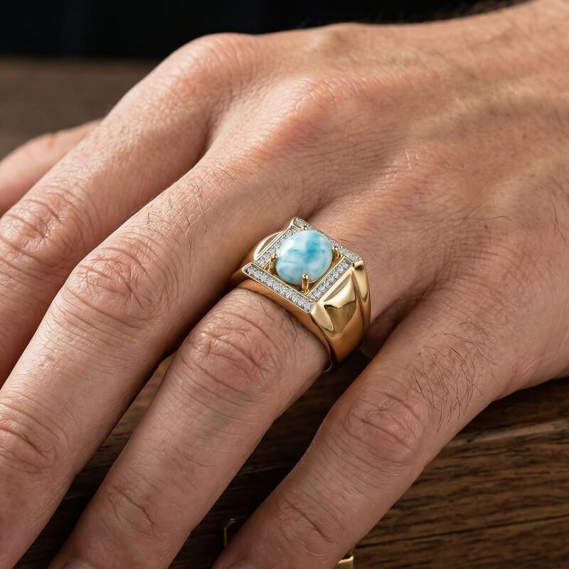 D'Joy AAA Larimar and Moissanite 3.65 ctw Men's Ring in 18K Vermeil Yellow Gold Over Sterling Silver (Size 13.0)
