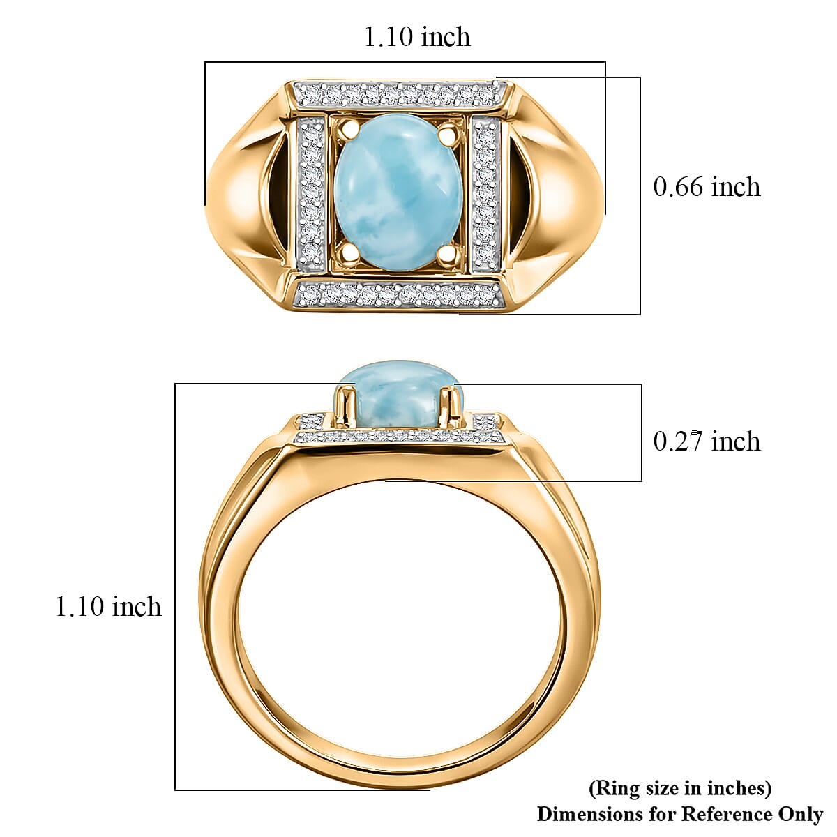 D'Joy AAA Larimar and Moissanite 3.65 ctw Men's Ring in 18K Vermeil Yellow Gold Over Sterling Silver (Size 13.0)