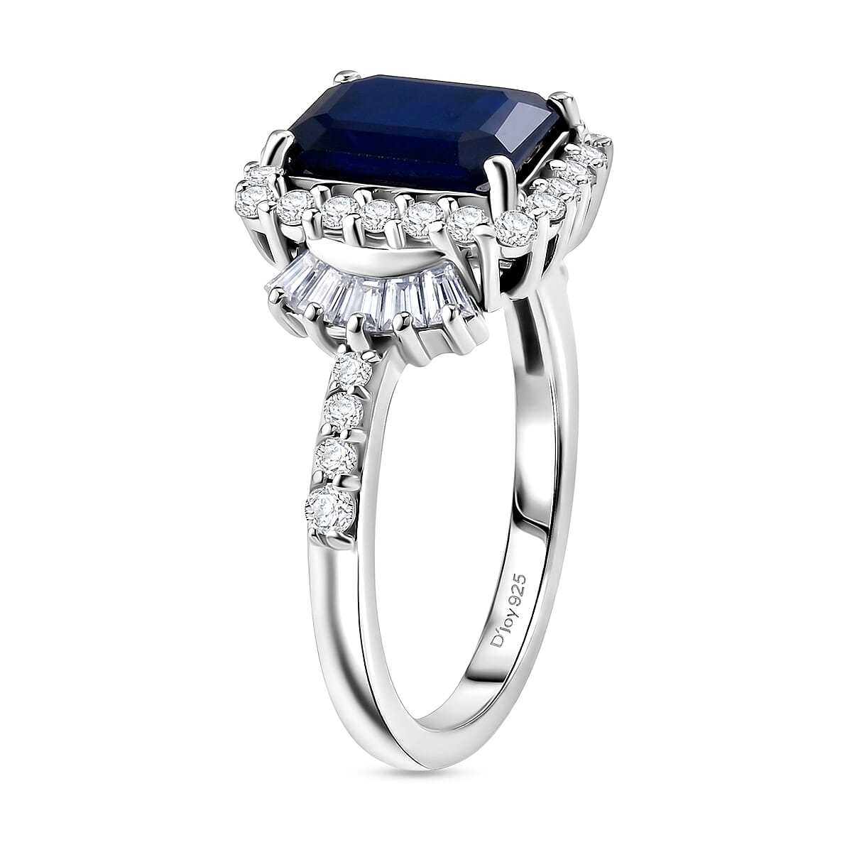 D'Joy Premium Kanchanaburi Blue Sapphire (DF) and Moissanite 3.30 ctw Midnight Royal Halo Ring in Rhodium Over Sterling Silver (Size 10.0) image number 3