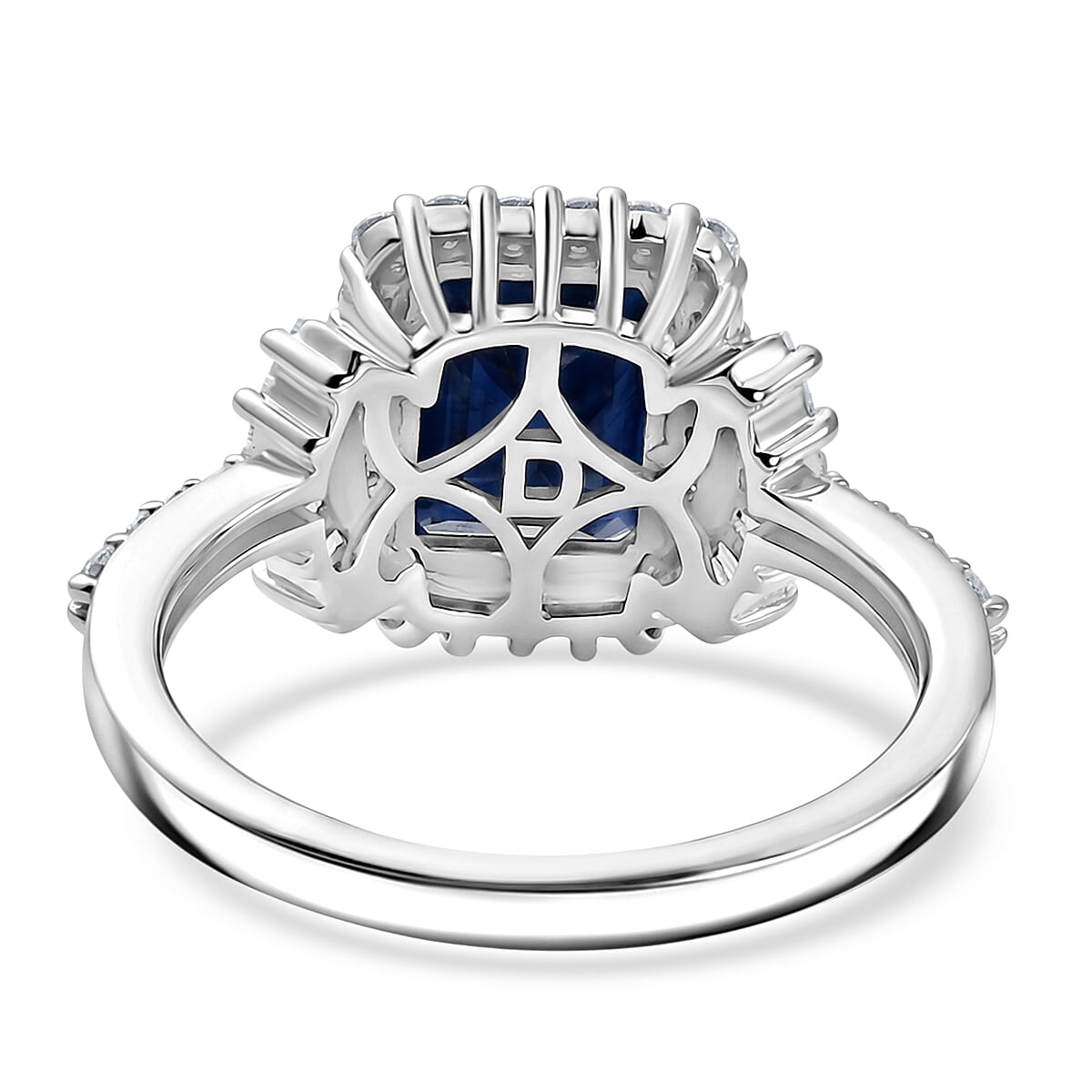 D'Joy Premium Kanchanaburi Blue Sapphire (DF) and Moissanite 3.30 ctw Midnight Royal Halo Ring in Rhodium Over Sterling Silver (Size 10.0) image number 4