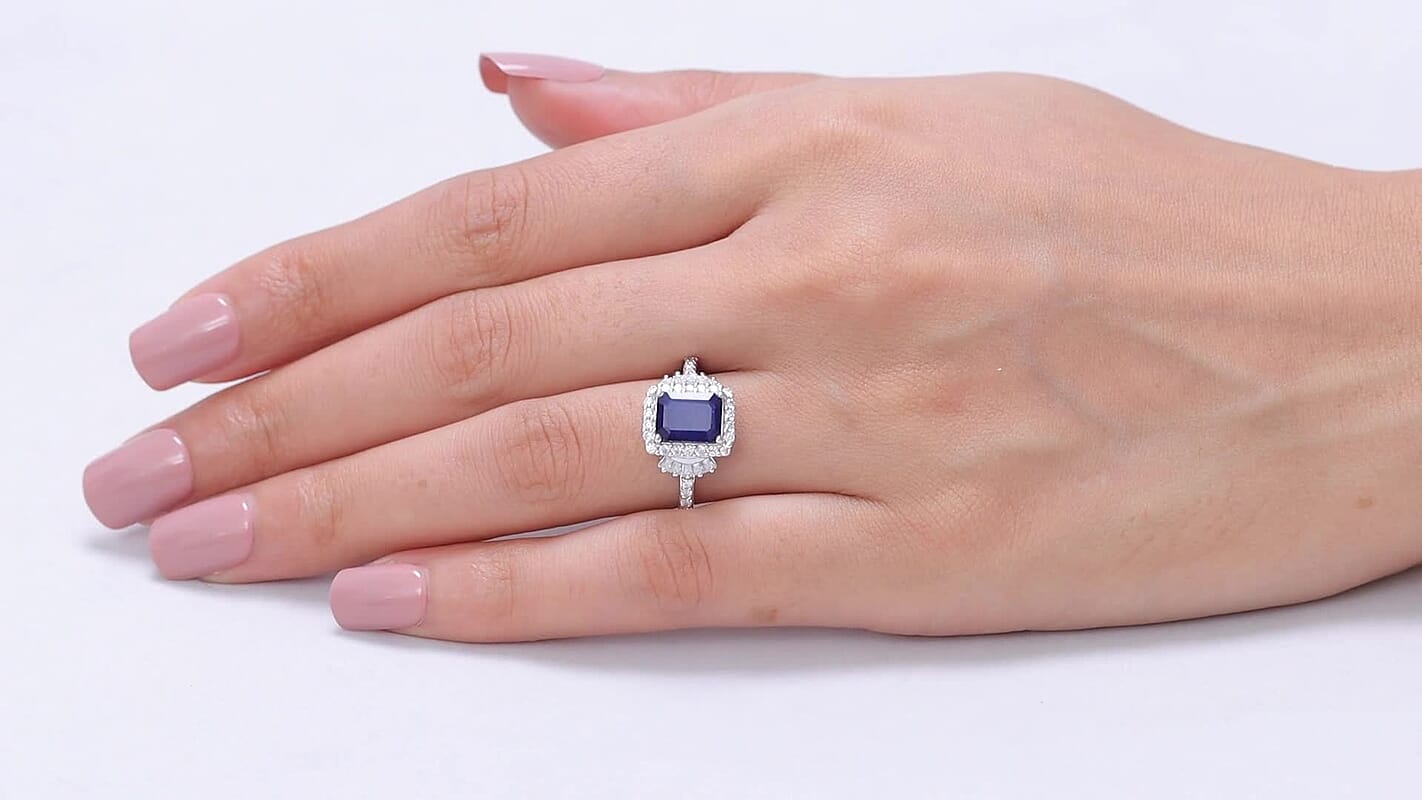 D'Joy Premium Madagascar Blue Sapphire (DF), Moissanite Ring in Rhodium Over Sterling Silver (Size 10.0) 3.30 ctw