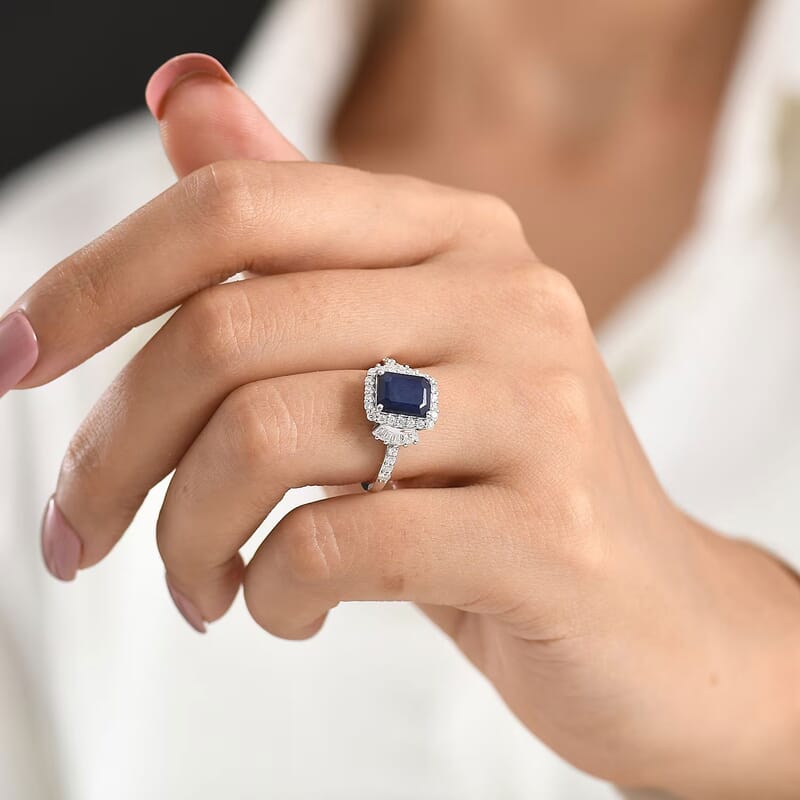D'Joy Premium Kanchanaburi Blue Sapphire (DF) and Moissanite 3.30 ctw Midnight Royal Halo Ring in Rhodium Over Sterling Silver (Size 6.0)