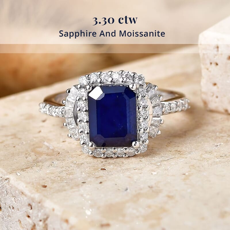 D'Joy Premium Kanchanaburi Blue Sapphire (DF) and Moissanite 3.30 ctw Midnight Royal Halo Ring in Rhodium Over Sterling Silver (Size 6.0)