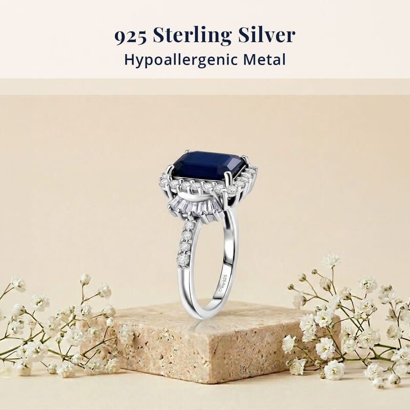 D'Joy Premium Kanchanaburi Blue Sapphire (DF) and Moissanite 3.30 ctw Midnight Royal Halo Ring in Rhodium Over Sterling Silver (Size 6.0)
