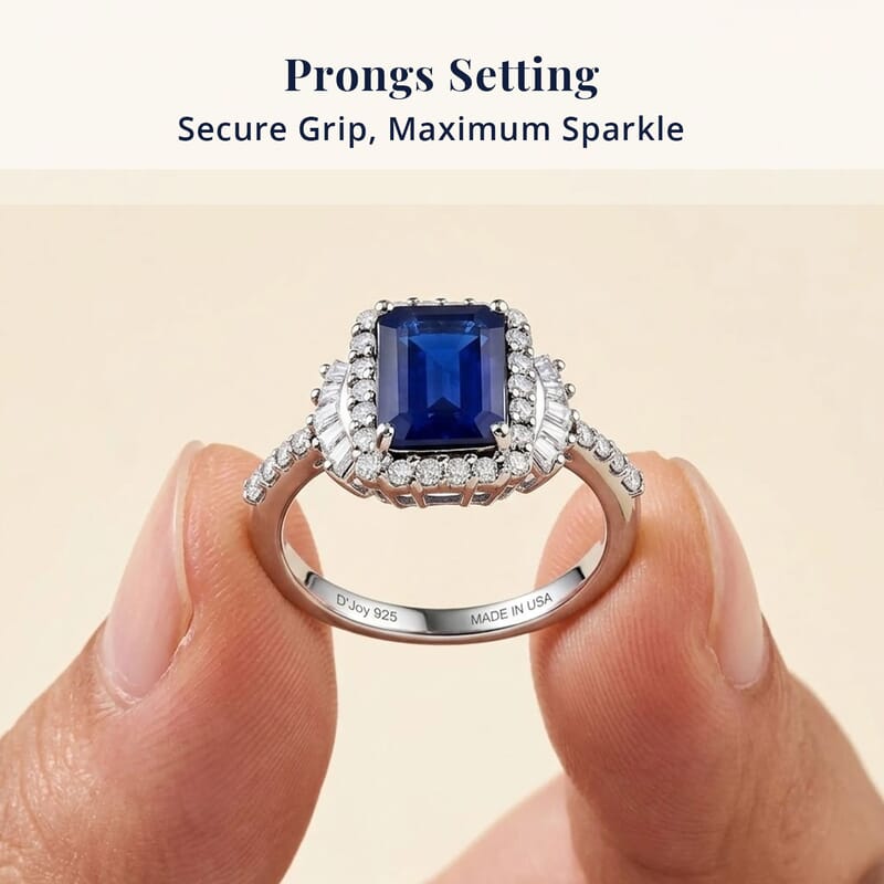 D'Joy Premium Kanchanaburi Blue Sapphire (DF) and Moissanite 3.30 ctw Midnight Royal Halo Ring in Rhodium Over Sterling Silver (Size 6.0)