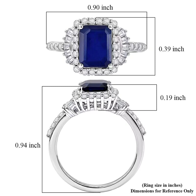 D'Joy Premium Kanchanaburi Blue Sapphire (DF) and Moissanite 3.30 ctw Midnight Royal Halo Ring in Rhodium Over Sterling Silver (Size 6.0)