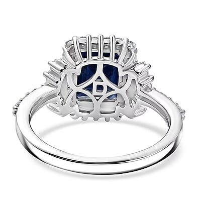 D'Joy Premium Kanchanaburi Blue Sapphire (DF) and Moissanite 3.30 ctw Midnight Royal Halo Ring in Rhodium Over Sterling Silver (Size 6.0)