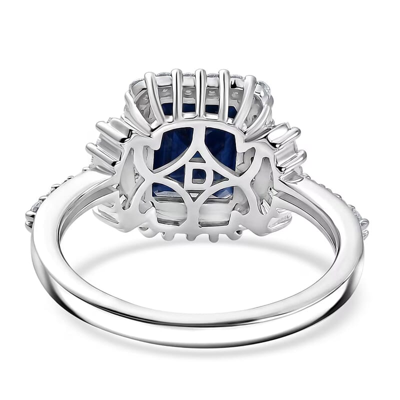 D'Joy Premium Kanchanaburi Blue Sapphire (DF) and Moissanite 3.30 ctw Midnight Royal Halo Ring in Rhodium Over Sterling Silver (Size 6.0)