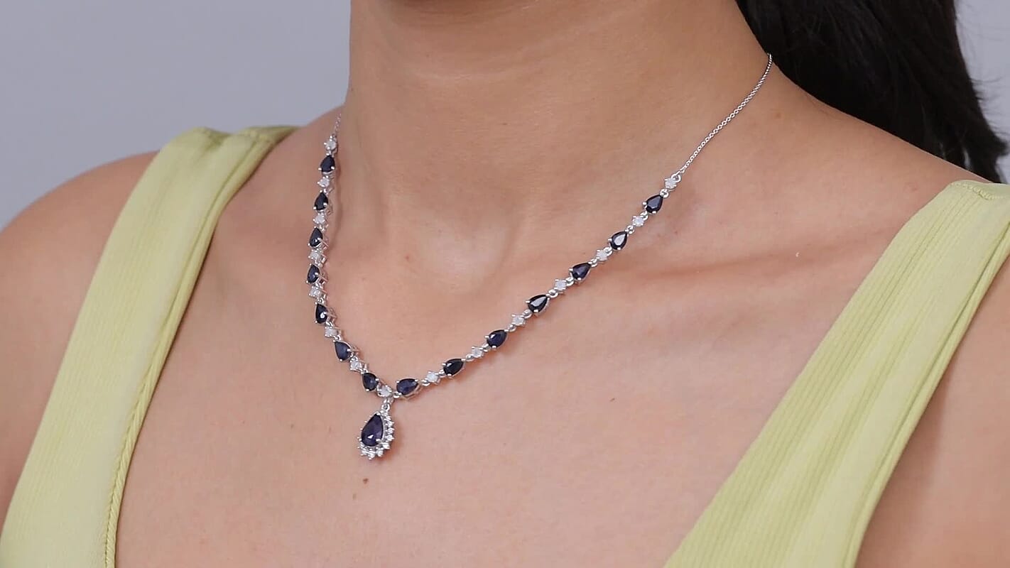 D'Joy Premium Madagascar Blue Sapphire (DF), Multi Gemstone Necklace (18 Inches) in Rhodium Over Sterling Silver 10.90 ctw