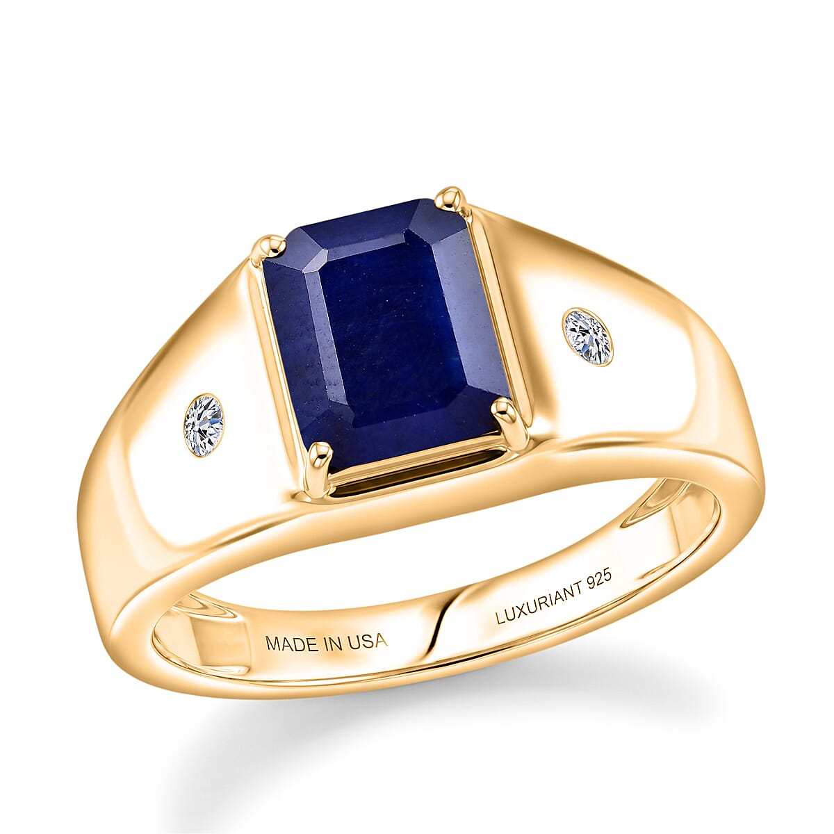 Premium Madagascar Blue Sapphire (DF), Luxuriant Lab Grown Diamond (G-H, SI) Men's Ring in 18K Vermeil YG Over Sterling Silver (Size 10.0) 2.80 ctw