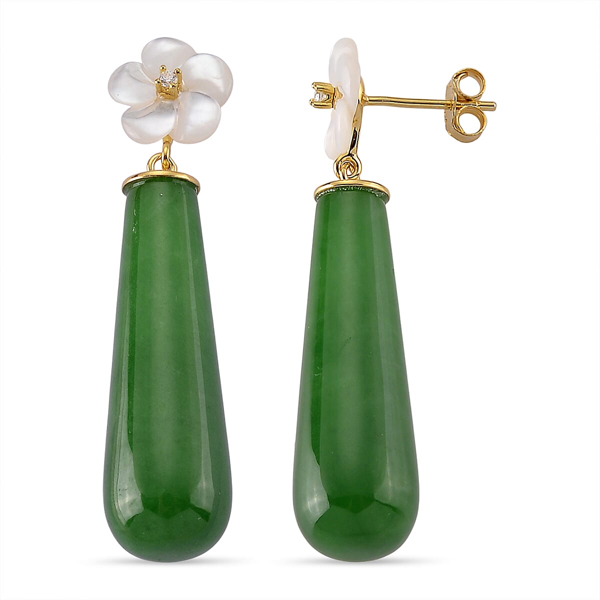 D'Joy Green Jade(D) 30.00 ctw and White Mother Of Pearl Earrings in 14k YG Over Sterling Silver