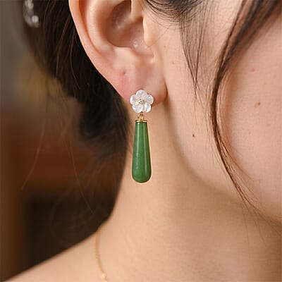 D'Joy Green Jade(D) 30.00 ctw and White Mother Of Pearl Earrings in 14k YG Over Sterling Silver