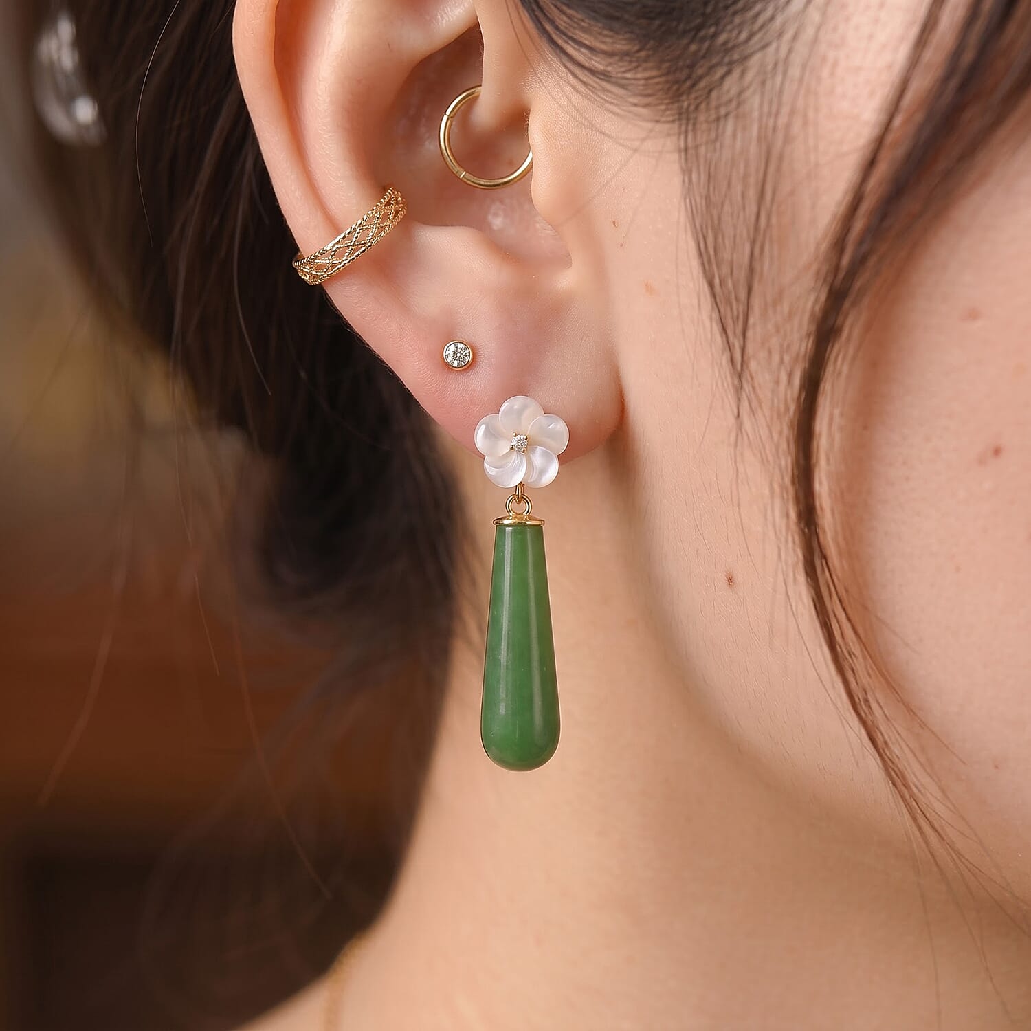D'Joy Green Jade(D) 30.00 ctw and White Mother Of Pearl Earrings in 14k YG Over Sterling Silver
