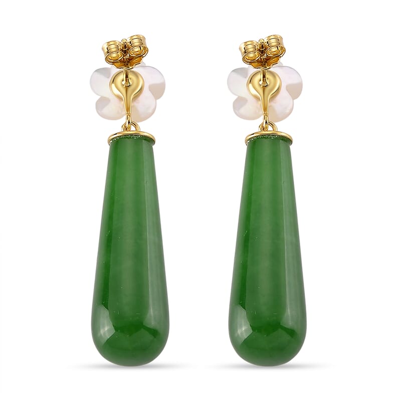 D'Joy Verdant Green Jade(D) 30.00 ctw and White Mother Of Pearl Flower Teardrop Earrings in 14K YG Over Sterling Silver