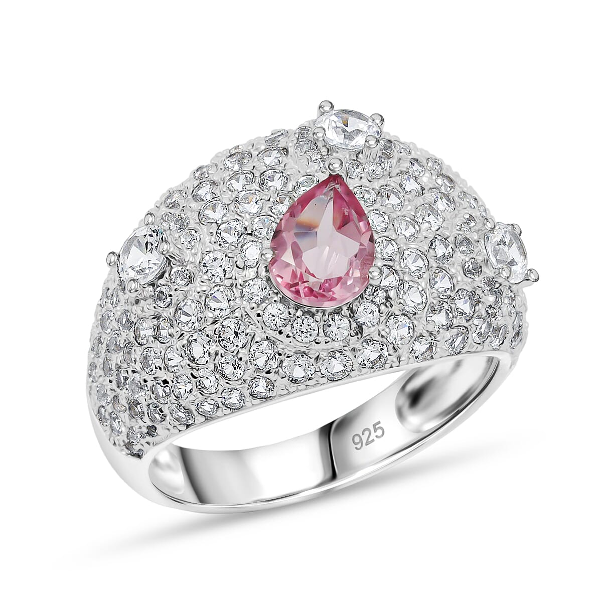 Pink Quartz and White Corundum 0.75 ctw Ring in Rhodium Over Sterling Silver (Size 7.0)