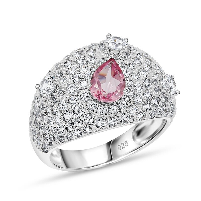 Pink Quartz and White Corundum 0.75 ctw Ring in Rhodium Over Sterling Silver (Size 7.0)