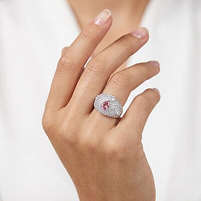 Pink Quartz and White Corundum 0.75 ctw Ring in Rhodium Over Sterling Silver (Size 7.0)