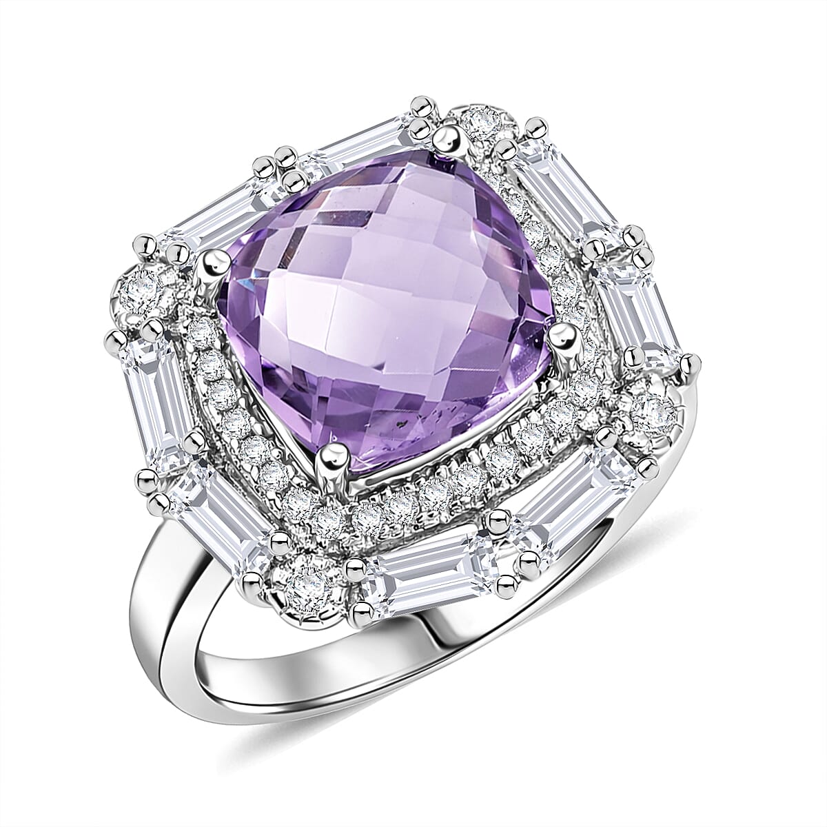 Pink Quartz and White Corundum 4.30 ctw Ring in Rhodium Over Sterling Silver (Size 6.0)