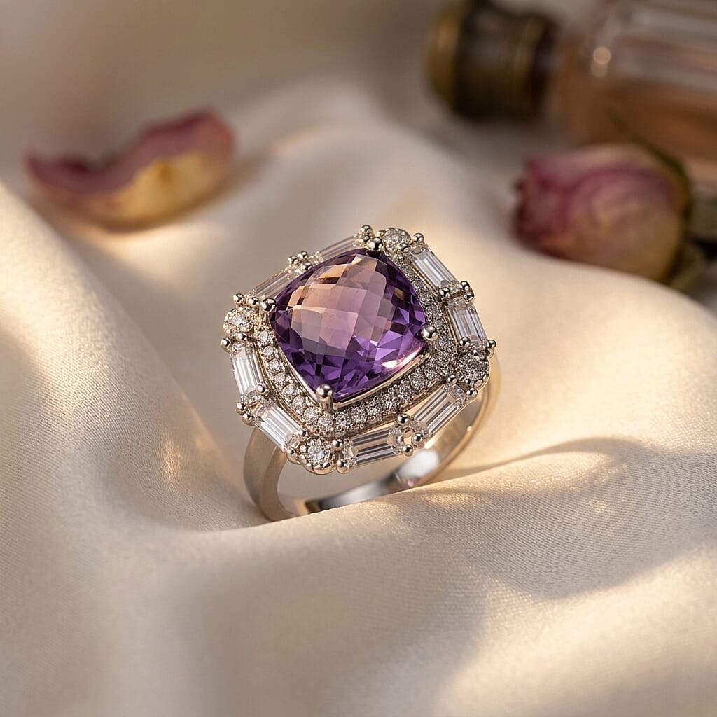 Pink Quartz and White Corundum 4.30 ctw Ring in Rhodium Over Sterling Silver (Size 6.0)