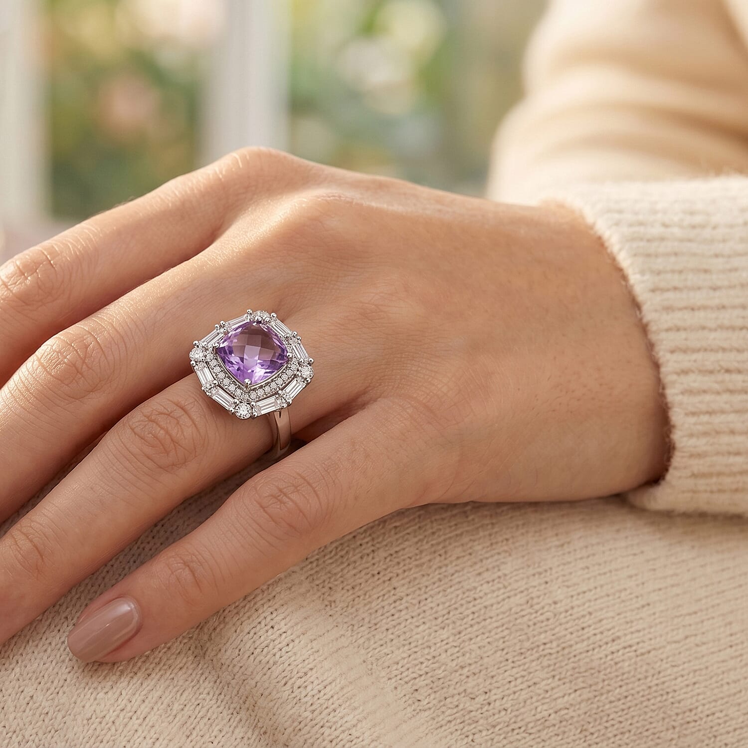 Pink Quartz and White Corundum 4.30 ctw Ring in Rhodium Over Sterling Silver (Size 6.0)