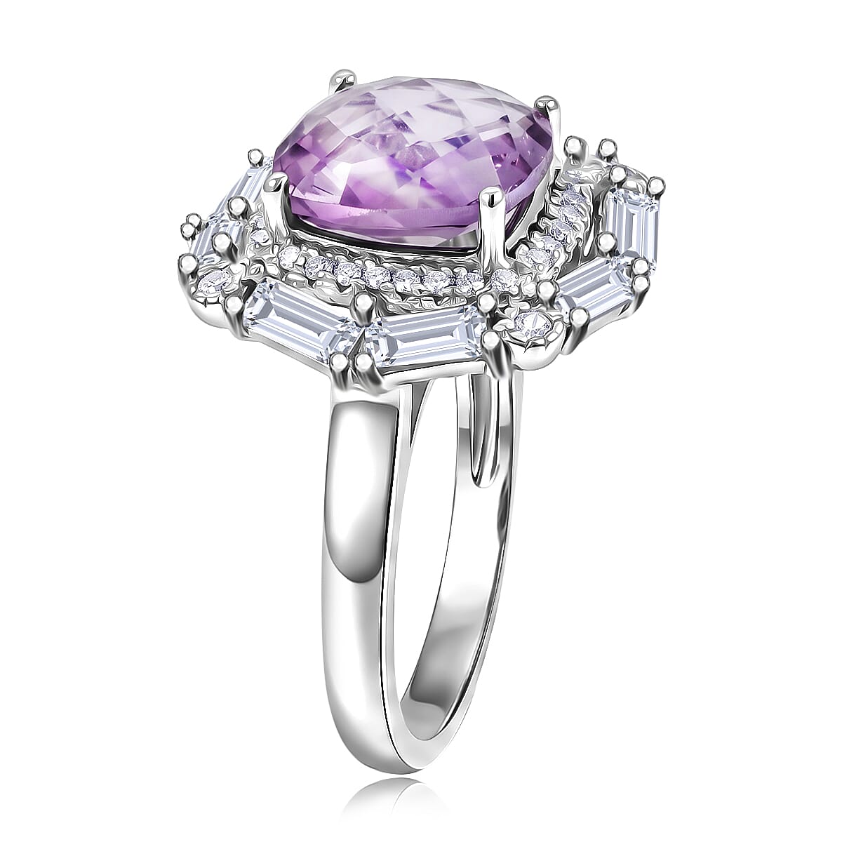 Pink Quartz and White Corundum 4.30 ctw Ring in Rhodium Over Sterling Silver (Size 6.0)