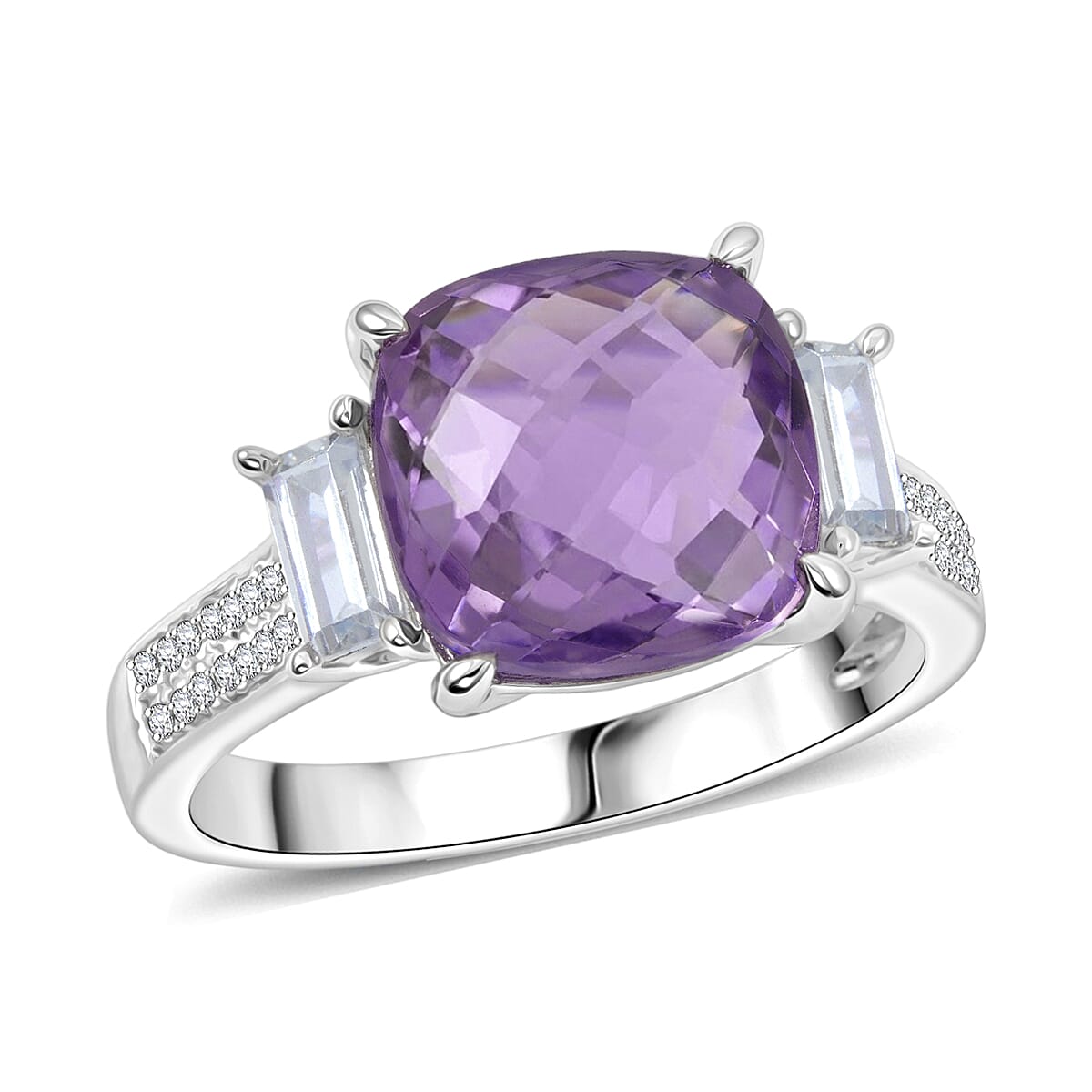 Rose De France Amethyst and White Corundum 4.20 ctw Ring in Rhodium Over Sterling Silver (Size 6.0)