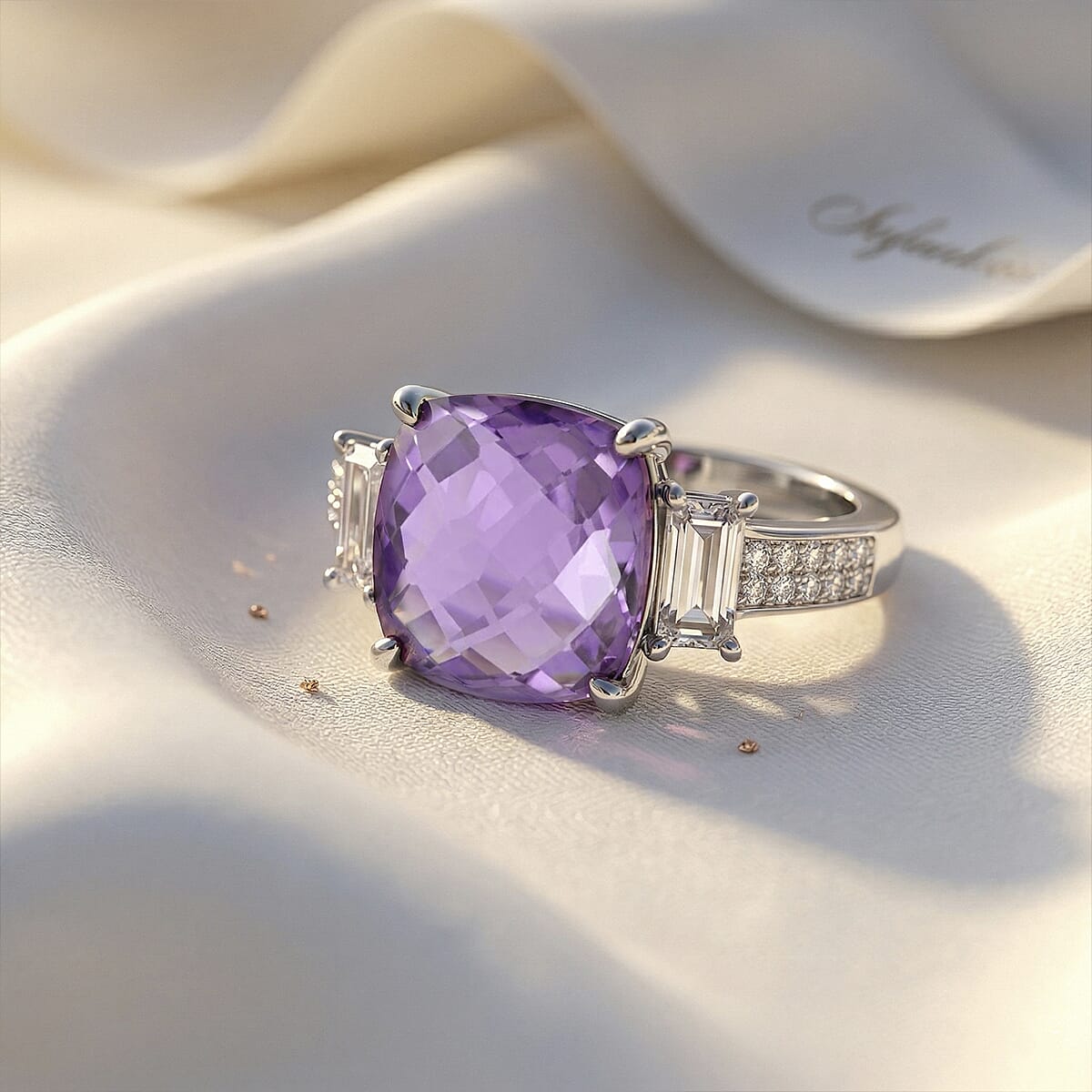 Rose De France Amethyst and White Corundum 4.20 ctw Ring in Rhodium Over Sterling Silver (Size 6.0)
