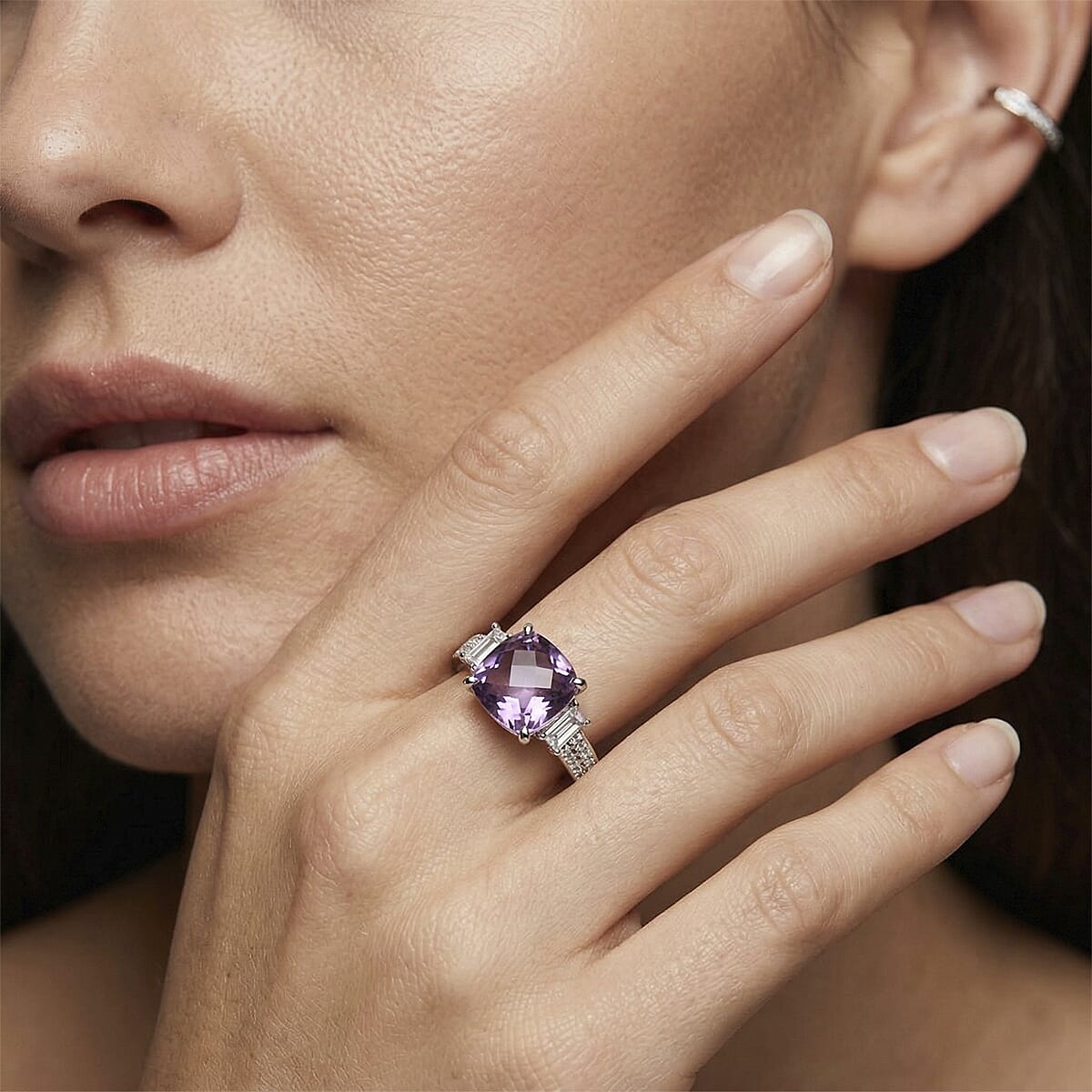 Rose De France Amethyst and White Corundum 4.20 ctw Ring in Rhodium Over Sterling Silver (Size 6.0)