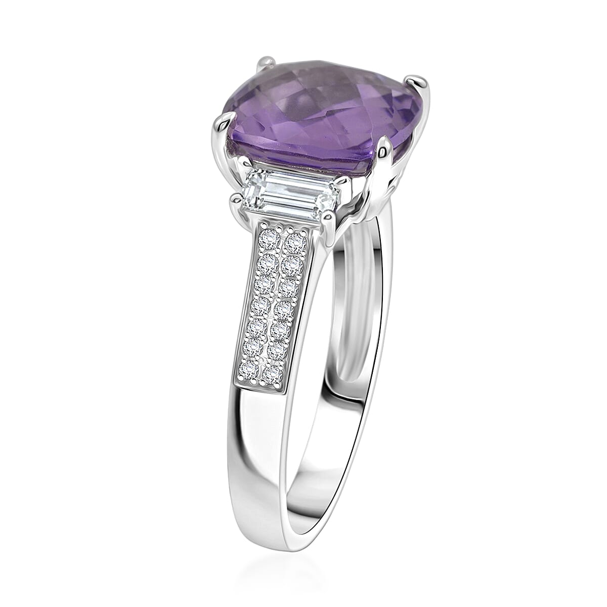 Rose De France Amethyst and White Corundum 4.20 ctw Ring in Rhodium Over Sterling Silver (Size 6.0)