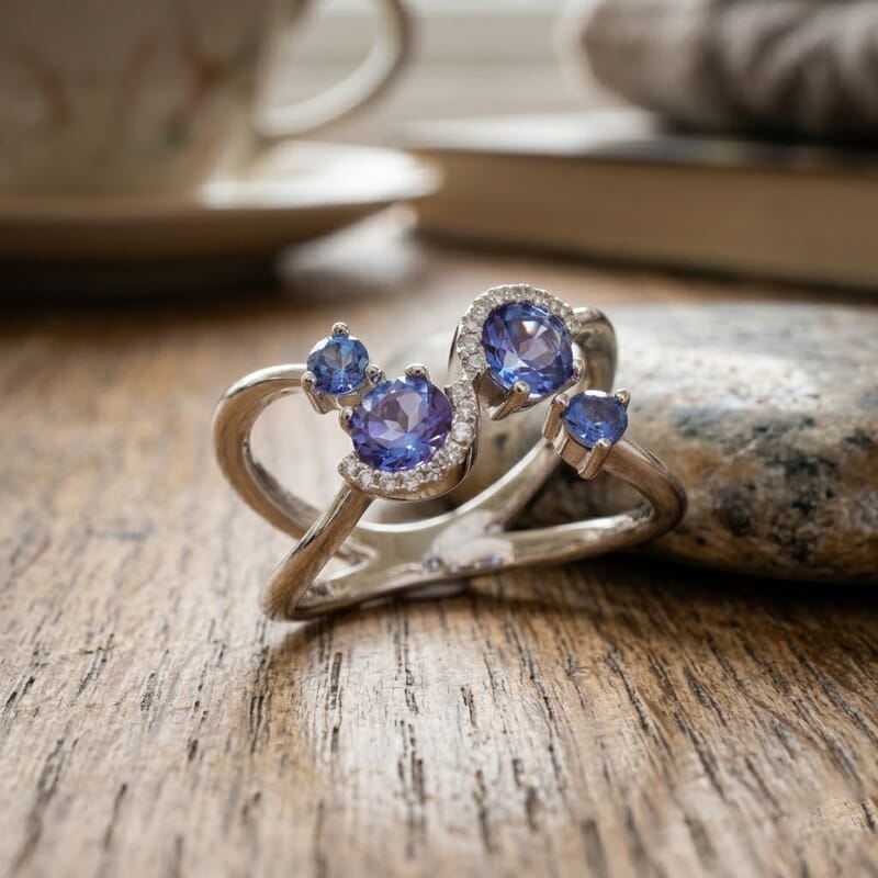 Odyssey Tanzanite Quartz and White Corundum 1.50 ctw Ring in Rhodium Over Sterling Silver (Size 7.0)