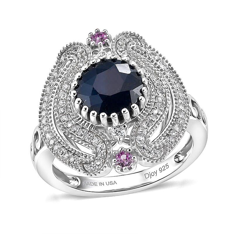 D'Joy Passport to Turkey Madagascar Blue Sapphire (DF) and Multi Gemstone 3.35 ctw Ring in Rhodium Over Sterling Silver (Size 6.0)