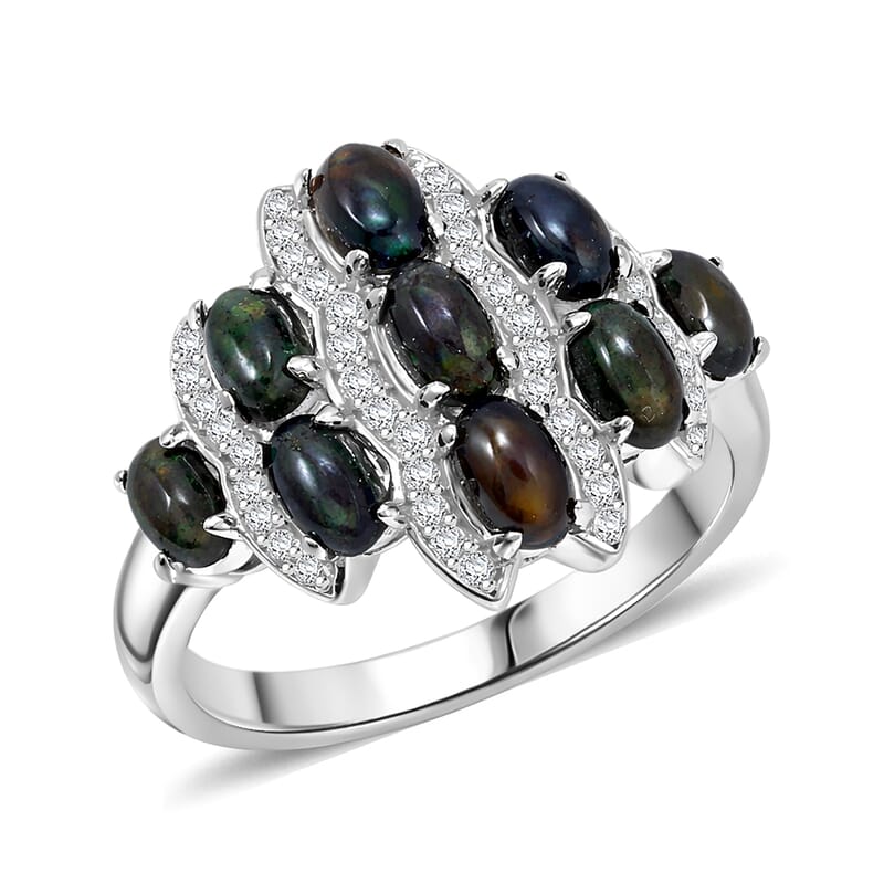 Black Opal and White Corundum 1.70 ctw Ring in Rhodium Over Sterling Silver (Size 6.0)