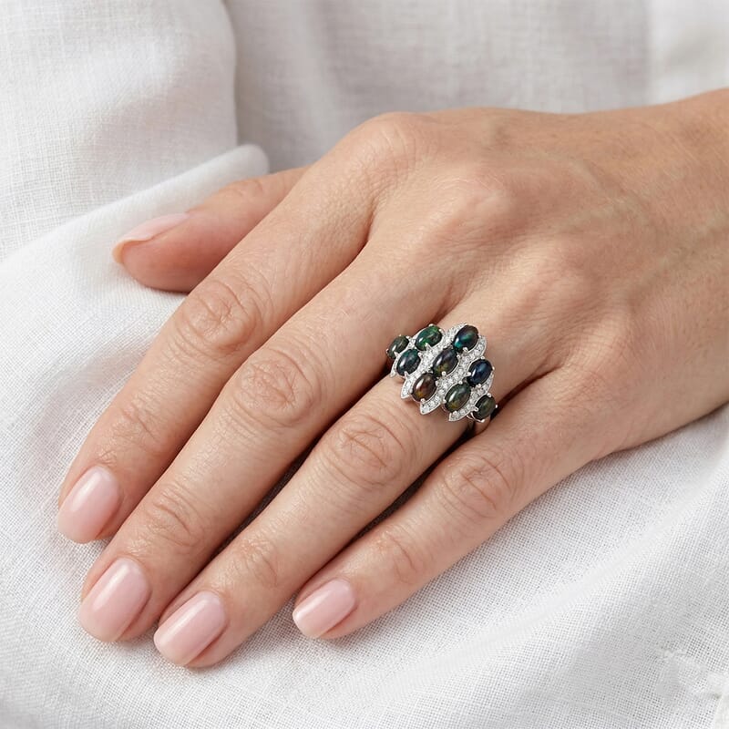 Black Opal and White Corundum 1.70 ctw Ring in Rhodium Over Sterling Silver (Size 6.0)