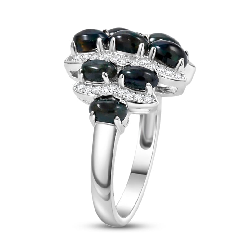 Black Opal and White Corundum 1.70 ctw Ring in Rhodium Over Sterling Silver (Size 6.0)