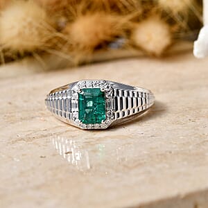 Certified & Appraised D'Joy Kagem Zambian Emerald and Moissanite 2.15 ctw Men's Ring in Rhodium Over Sterling Silver (Size 10.0)