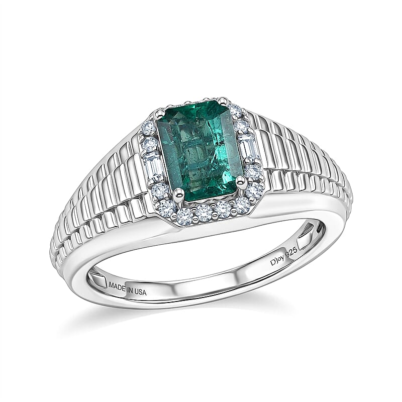 D'Joy Kagem Zambian Emerald and Moissanite 2.15 ctw Men's Ring in Rhodium Over Sterling Silver (Size 8.0)