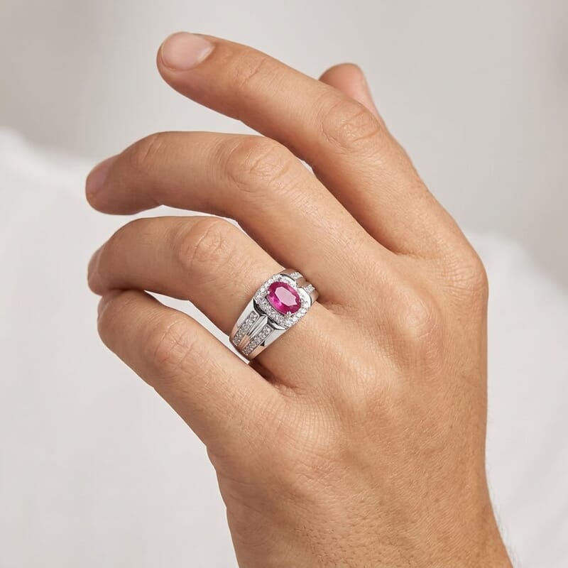 Certified & Appraised D'Joy Ruby and Moissanite 2.50 ctw Men's Ring in Rhodium Over Sterling Silver (Size 8.0)
