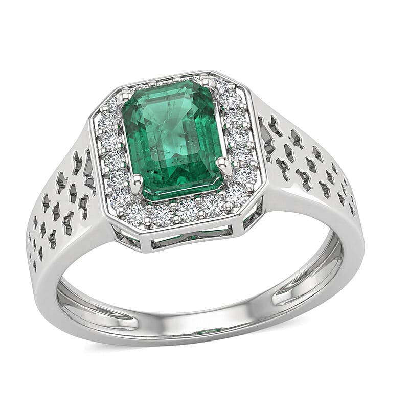 D'Joy AAA Kagem Zambian Emerald and Moissanite 2.00 ctw Men's Ring in Rhodium Over Sterling Silver (Size 10.0)
