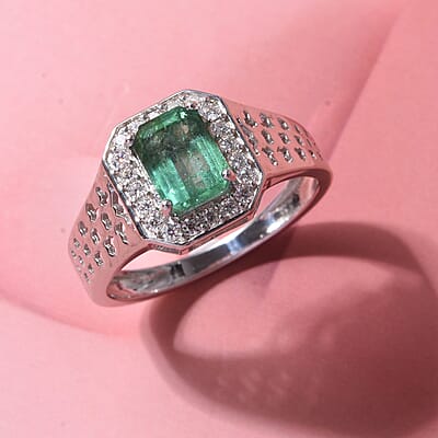 D'Joy AAA Kagem Zambian Emerald and Moissanite 2.00 ctw Men's Ring in Rhodium Over Sterling Silver (Size 10.0)