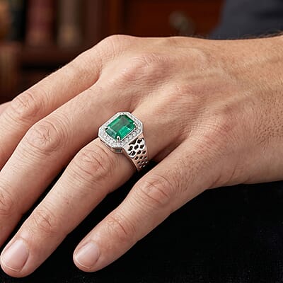 D'Joy AAA Kagem Zambian Emerald and Moissanite 2.00 ctw Men's Ring in Rhodium Over Sterling Silver (Size 10.0)