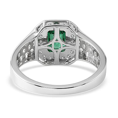 D'Joy AAA Kagem Zambian Emerald and Moissanite 2.00 ctw Men's Ring in Rhodium Over Sterling Silver (Size 10.0)