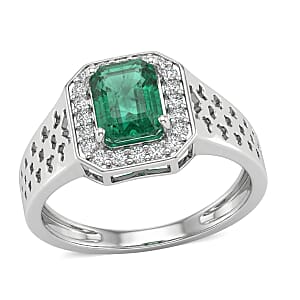 D'Joy AAA Kagem Zambian Emerald and Moissanite 2.00 ctw Men's Ring in Rhodium Over Sterling Silver (Size 12.0)
