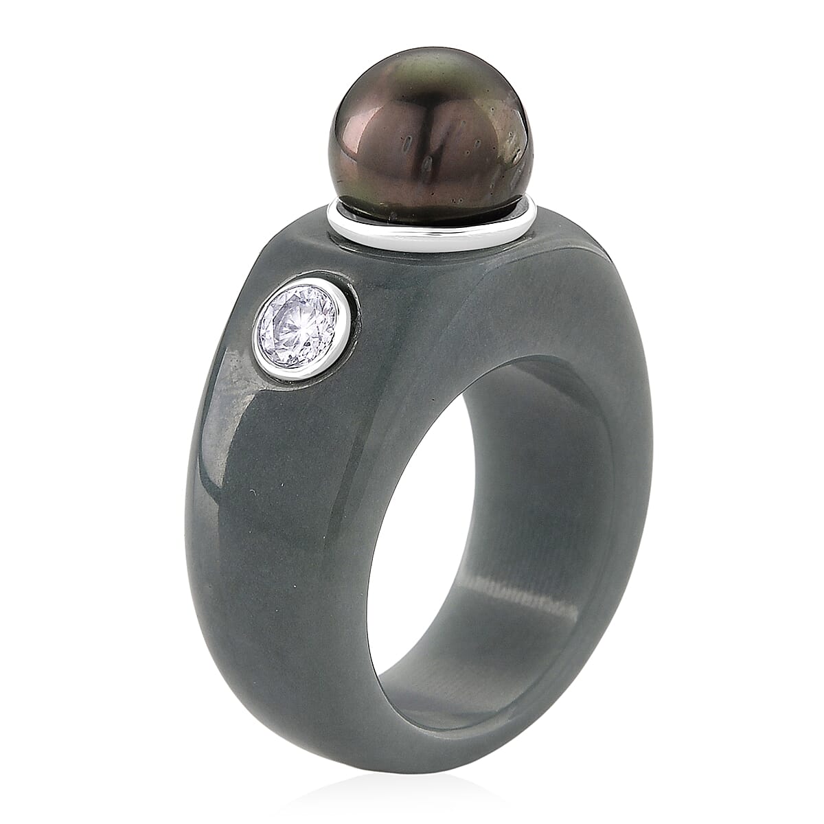 D'Joy Tahitian Pearl, Moissanite and Natural Olmec Jadeite 48.80 ctw Ring in Rhodium Over Sterling Silver (Size 10.0)