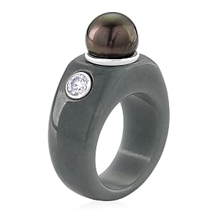 D'Joy Tahitian Pearl, Moissanite and Natural Olmec Jadeite 48.80 ctw Ring in Rhodium Over Sterling Silver (Size 10.0)