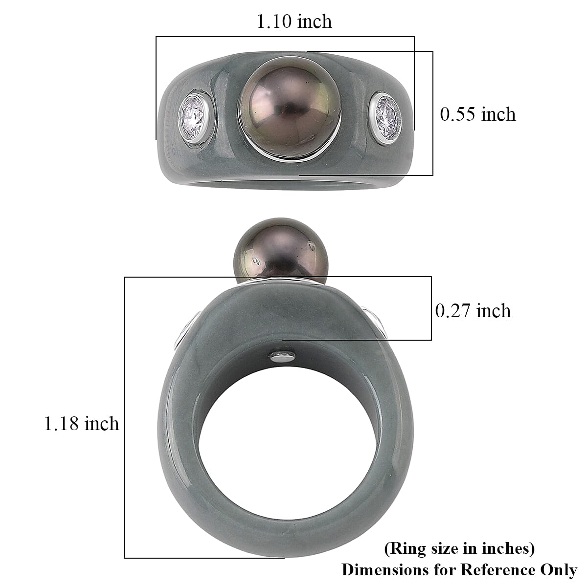 D'Joy Tahitian Pearl, Moissanite and Natural Olmec Jadeite 48.80 ctw Ring in Rhodium Over Sterling Silver (Size 10.0)