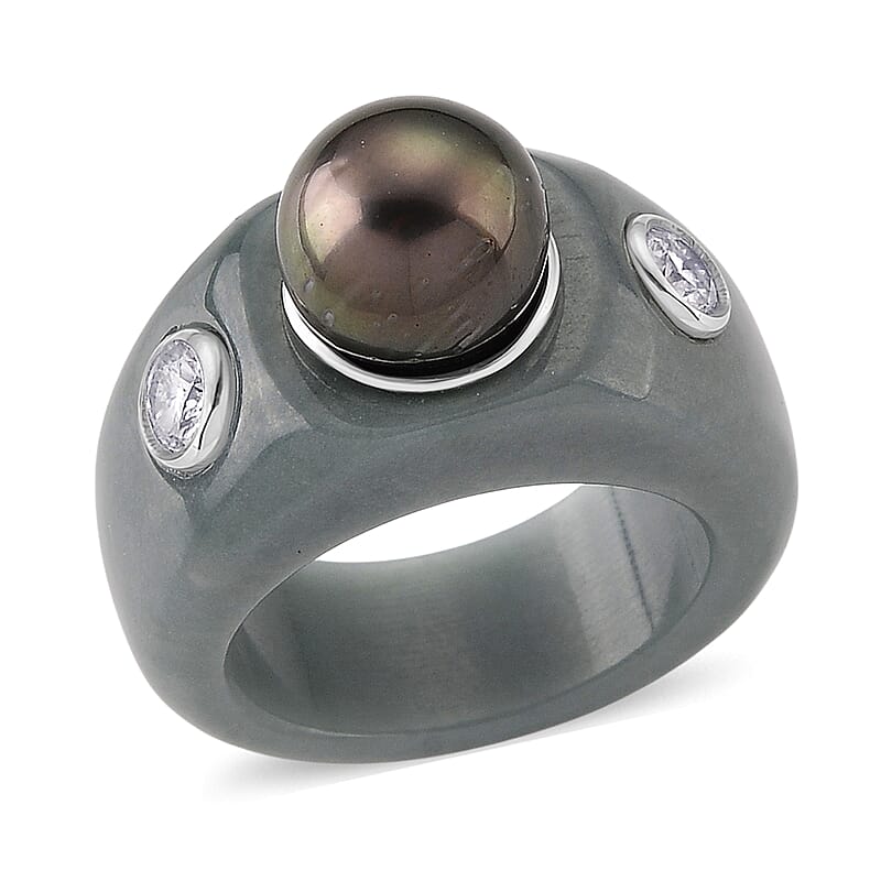 D'Joy Tahitian Pearl, Moissanite and Natural Olmec Jadeite 48.80 ctw Ring in Rhodium Over Sterling Silver (Size 5.0)