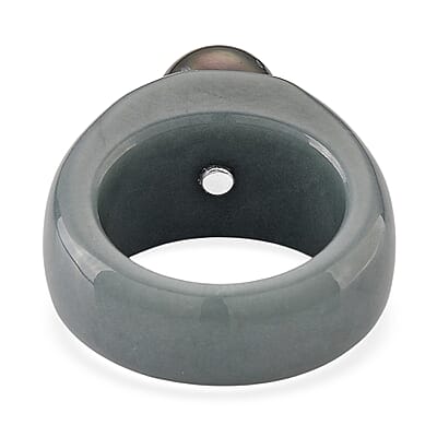 D'Joy Tahitian Pearl, Moissanite and Natural Olmec Jadeite 48.80 ctw Ring in Rhodium Over Sterling Silver (Size 5.0)